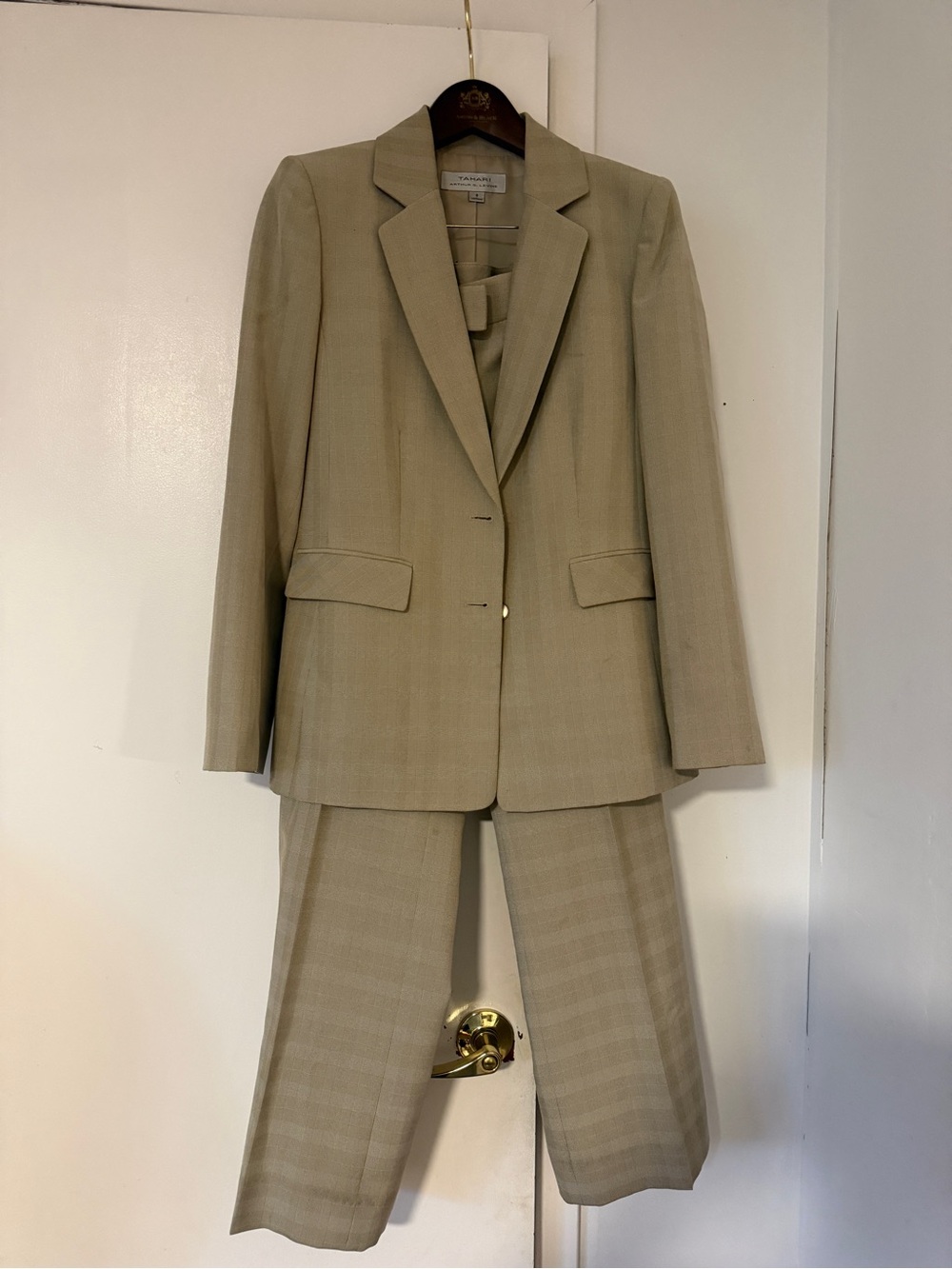 Classic Women's Two-Piece Pantsuit in Beige-Tan by Tahari.